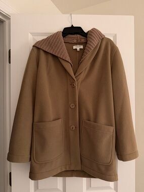 Splendid Tan Hooded Pea Coat with Ribbed Collar
